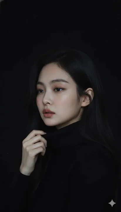 High-end cinematic feel black turtleneck elegant portrait