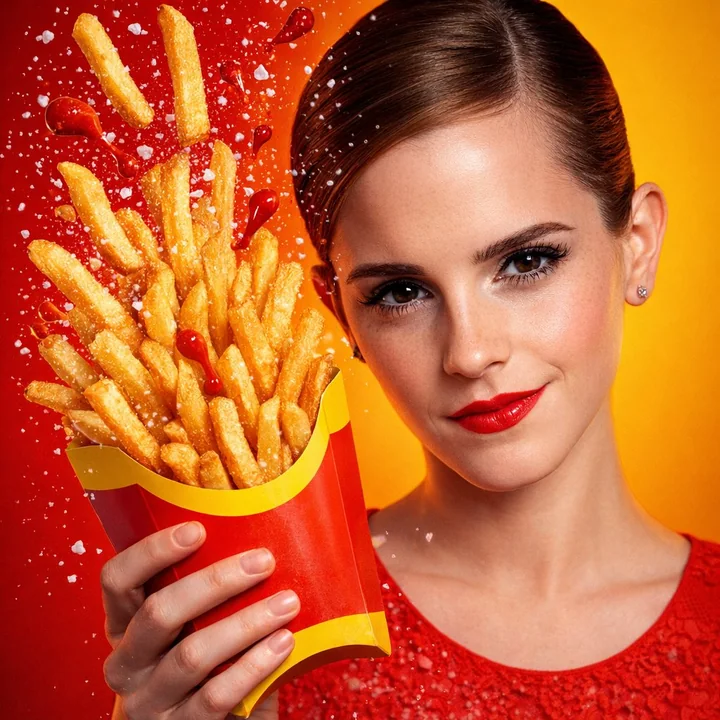 A hyper-realistic, commercial-advertising-grade beautiful girl with golden fries flying around