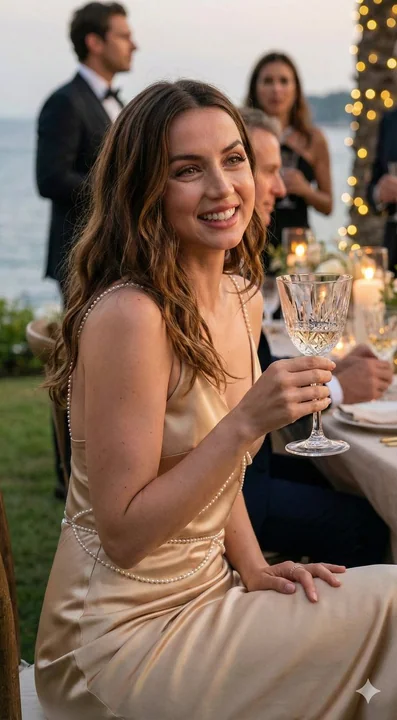 A beauty in a champagne-gold gown raising a glass and laughing in the gilded twilight