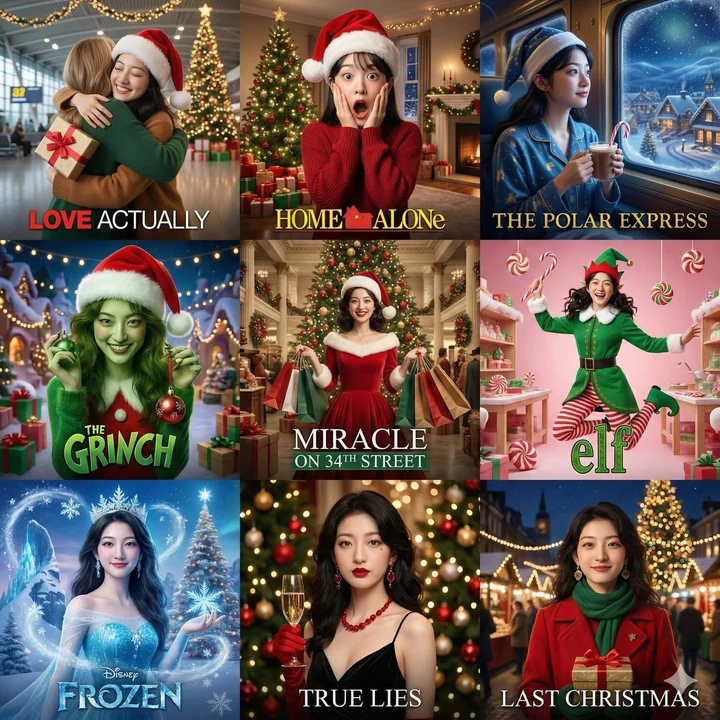 Place the character in Christmas scenes from 9 movies