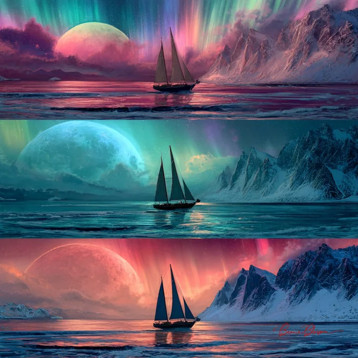 Three different magical sailing ships in the ocean