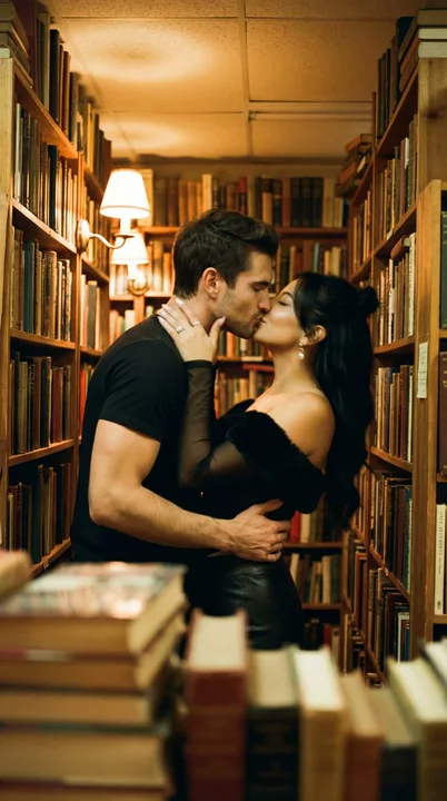 Baiser passionné dans le couloir de la librairie sous la douce lumière diffusée