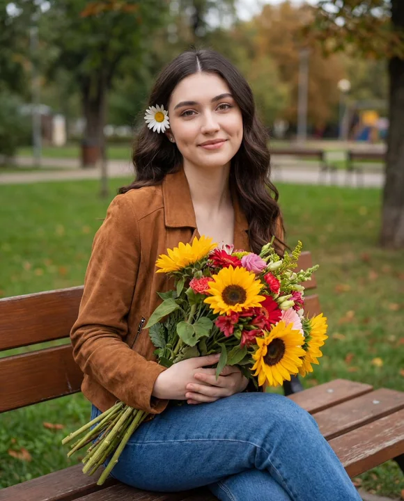 Сладкая девушка, обнимающая букет цветов под тёплым осенним солнцем