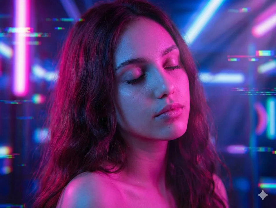 A stunning cyberpunk red-haired beauty under a psychedelic neon glow