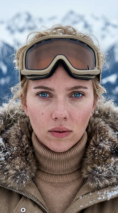 Le regard froid et limpide d’une jeune fille nordique au pied des montagnes enneigées de l’hiver rigoureux