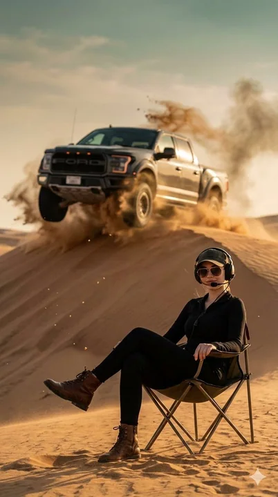 ゴールデンアワーの荒野を疾走する車とクールビューティーな女性の究極のコントラスト