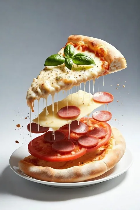 Hyper-realistic floating deconstructed pizza, enticing stretchy-cheese food photography