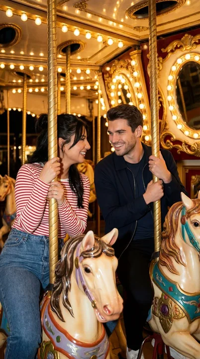 A sweet couple gazing deeply into each other’s eyes on a cinematic, light-and-shadow carousel