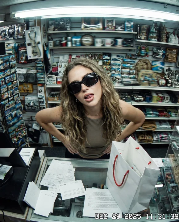 A playful girl in a Y2K-style convenience store shot with a fisheye lens