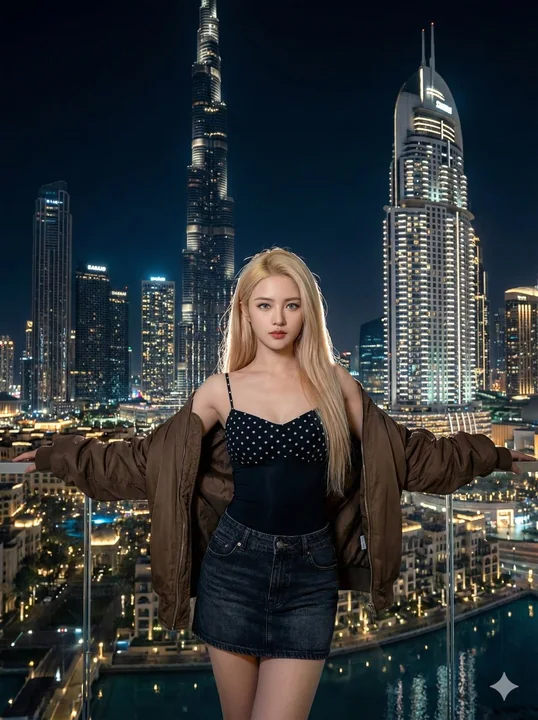 Une supermodèle blonde embrassant la ville dans la nuit étincelante de Dubaï