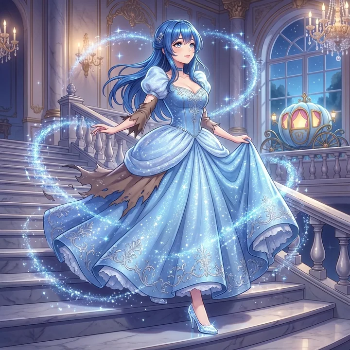 Cendrillon en robe bleue et magie scintillante avant la demie de minuit