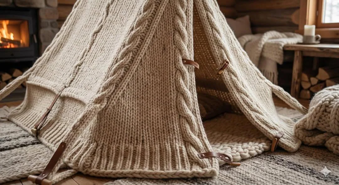 Extremely cozy yarn-knitted microwave, hyper-realistic photography