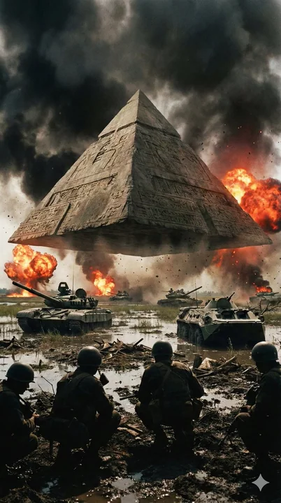 An epic blockbuster featuring ancient pyramids floating over a modern battlefield