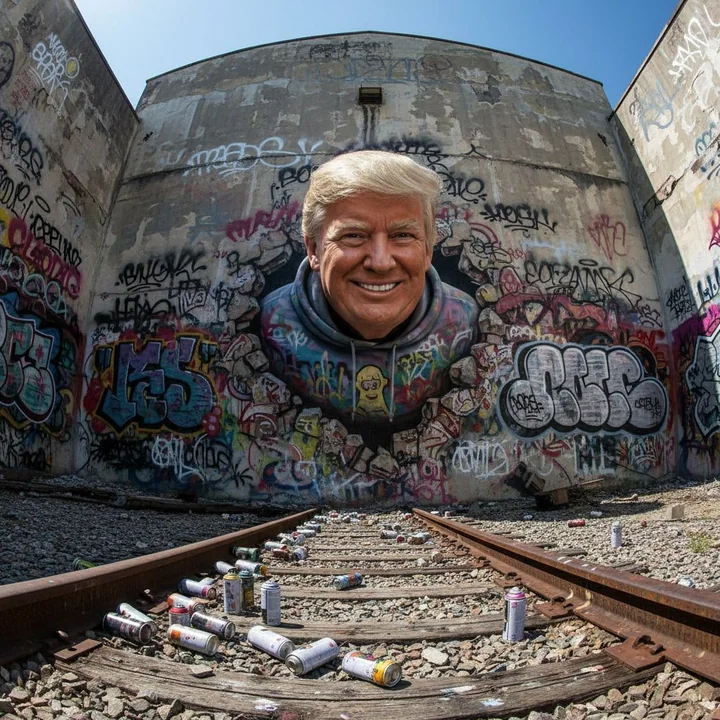 Breaking the dimensional wall! A graffiti figure leaps out from the ruins.