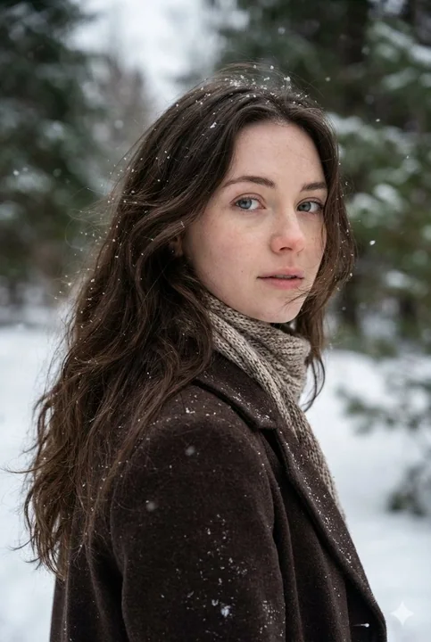 冬の雪の森で振り返る憂鬱な青い目の少女
