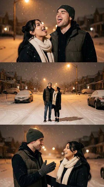 雪の夜、街灯の下で戯れるカップルの温かみのある映画的な三連画
