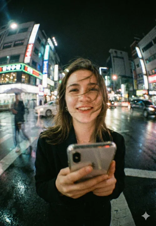 Close-up of a city girl under a neon rain night wide shot