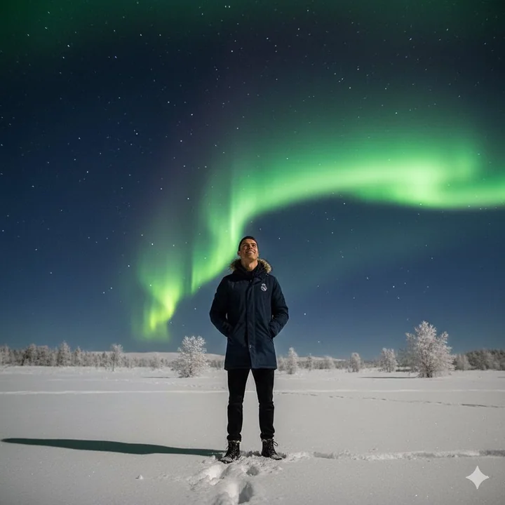 在绝美的极光下，雪地中仰望星空的微笑人像
