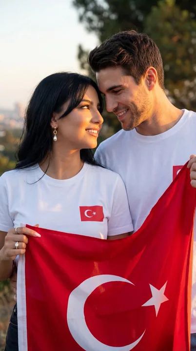 التصوير الفوتوغرافي الواقعية لزوجين عاشقين تحت علم تركيا