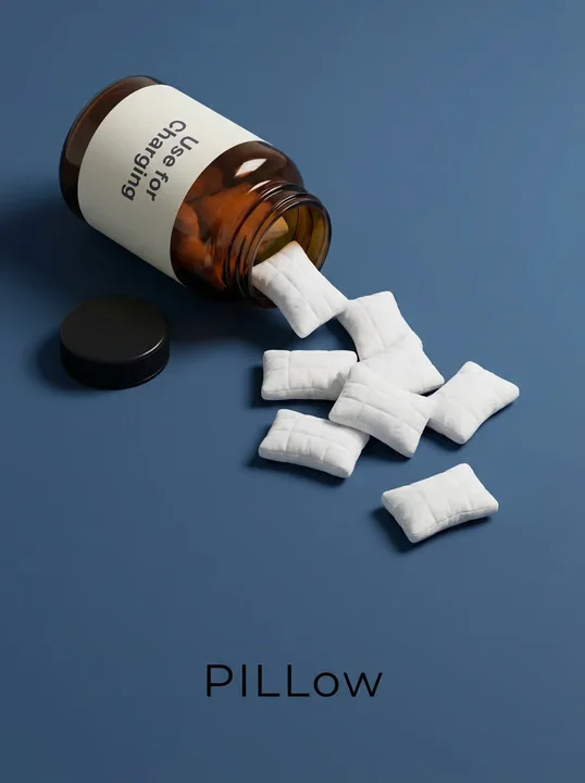 Surreal advertisement of a creative charging pill bottle pouring into a soft pillow