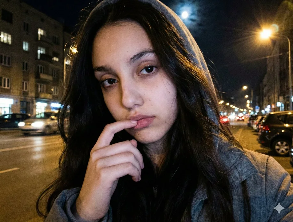 Un magnifique selfie de minuit, les doigts touchant les lèvres sous une lumière de contour dorée