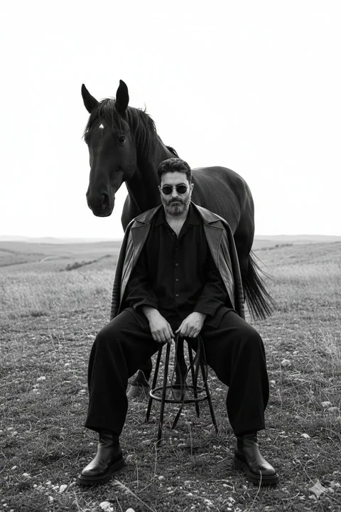 Une mode avant-gardiste en noir et blanc, sous la protection d’un cheval noir sauvage