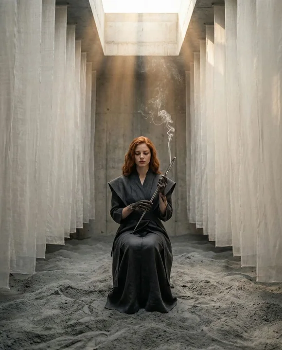 A surreal ritual in which smoke threads through an ash-covered secret chamber