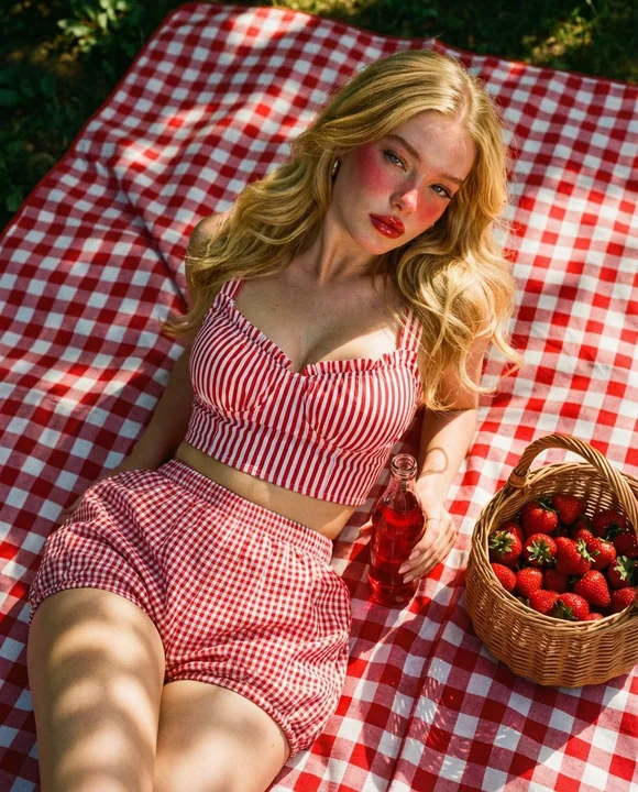 A romantic picnic girl in red-and-white gingham under the warm afternoon sun