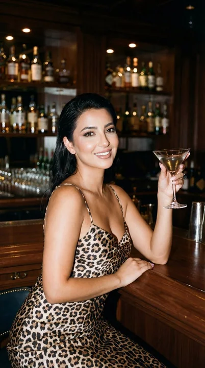 A charming woman in a leopard-print dress under amber lighting