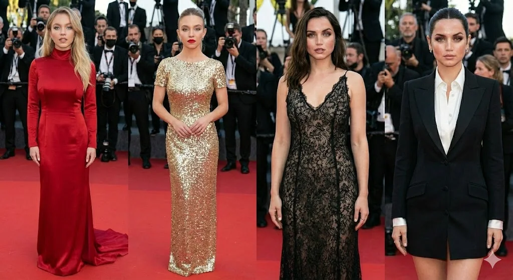 Cannes red carpet twin stars four-panel glamorous gown showcase