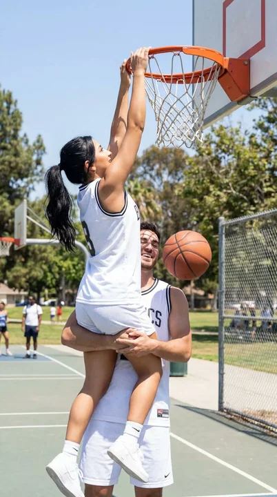 A spectacular moment on a sunny court as a boyfriend lifts his girlfriend for a dunk.