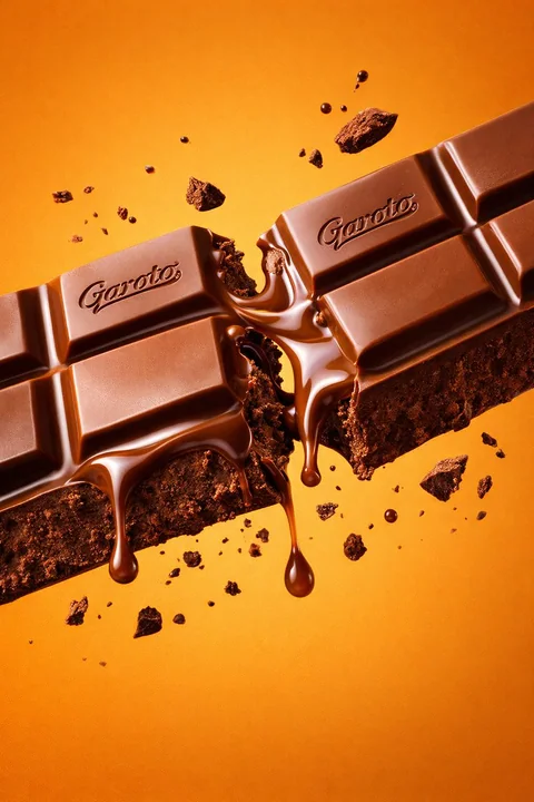 Barre de chocolat riche et onctueuse avec éclaboussures et miettes, photographie commerciale hyperréaliste