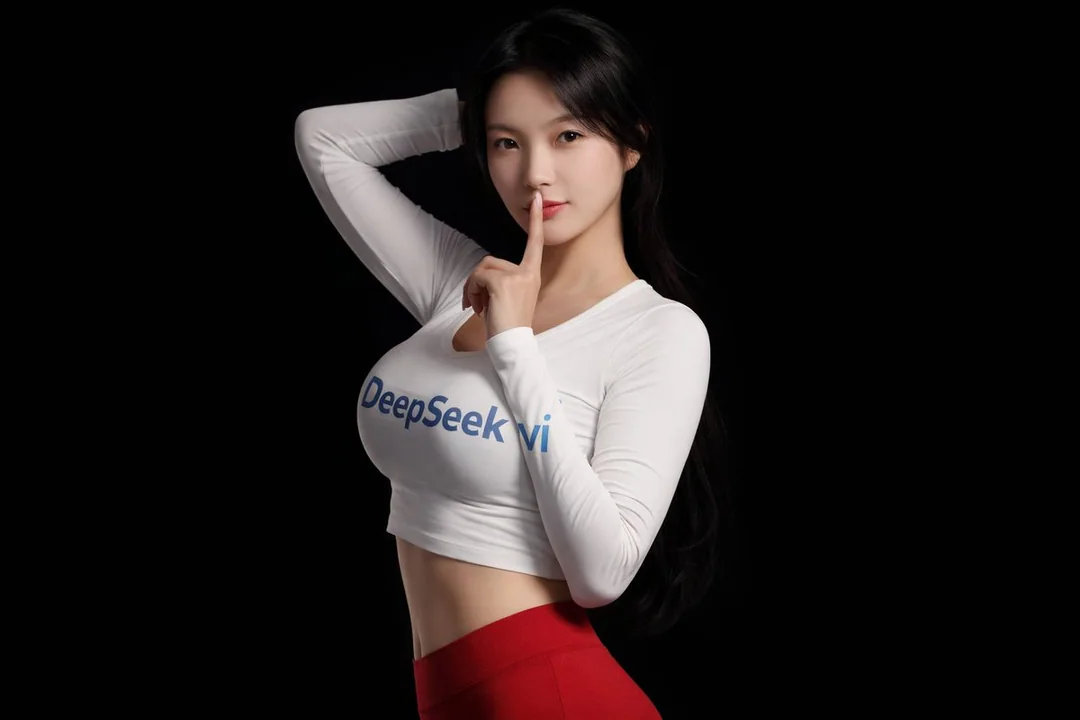 وجه جانبي م迷人 لفتاة علامة DeepSeek مع صوت همسها في خلفية سوداء نقيّة