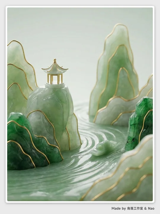 Jade and Gold Minimalist Eastern Miniature Landscape Scene
