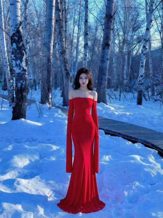 Dans la forêt de bouleaux enneigée, cette silhouette de dos en robe rouge saisissante