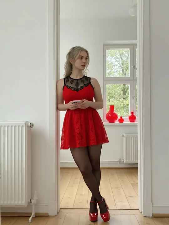 赤いレースのドレスと黒ストッキングの美脚が映える、現代的なホームファッションの大作