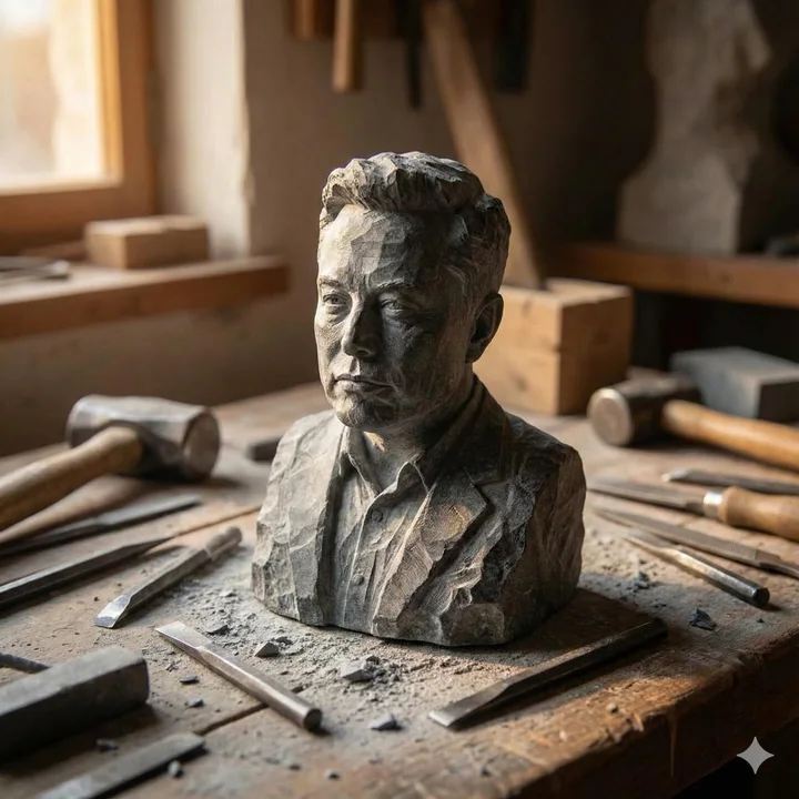 Grand plan d'une petite sculpture en pierre, pleine de marques d'outils, sous une lumière chaude
