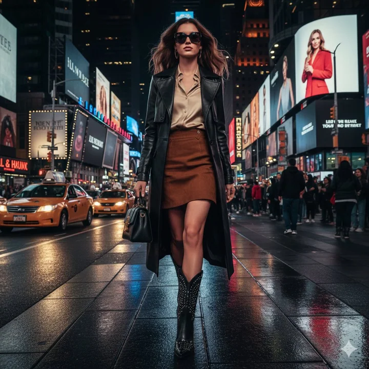Une campagne de mode western haut de gamme dans les jeux de lumière néon de la ville
