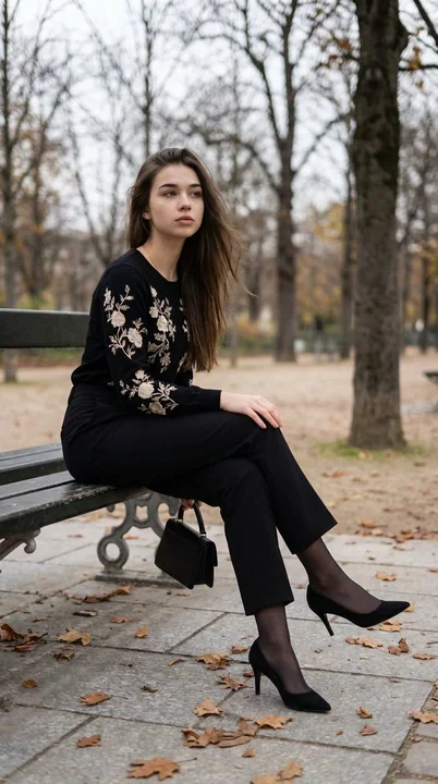 Parisian elegance on a park bench in late autumn