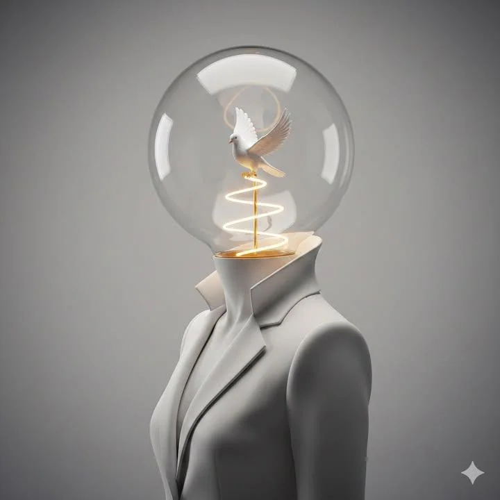 Dreamlike Light and Shadow: A Spiritual White Bird Perched Within a Light Bulb Doll