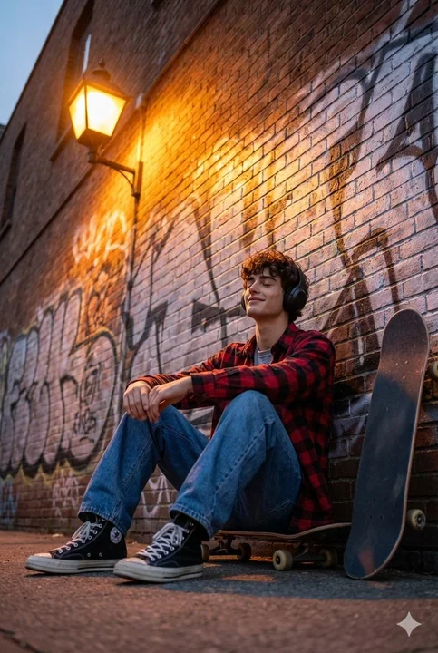 Un jeune skateur, les yeux fermés, plongé dans la musique sous la chaude lumière du crépuscule