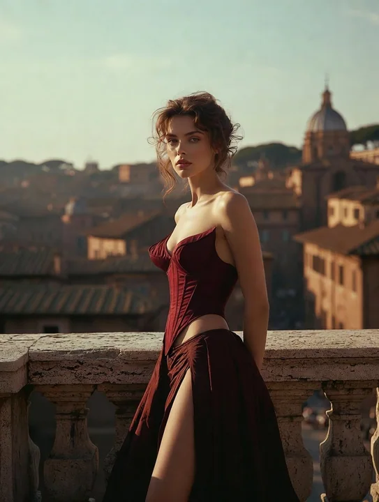 ローマの黄昏のテラスで捉えた、ワインレッドのオートクチュールが映える映画のような瞬間