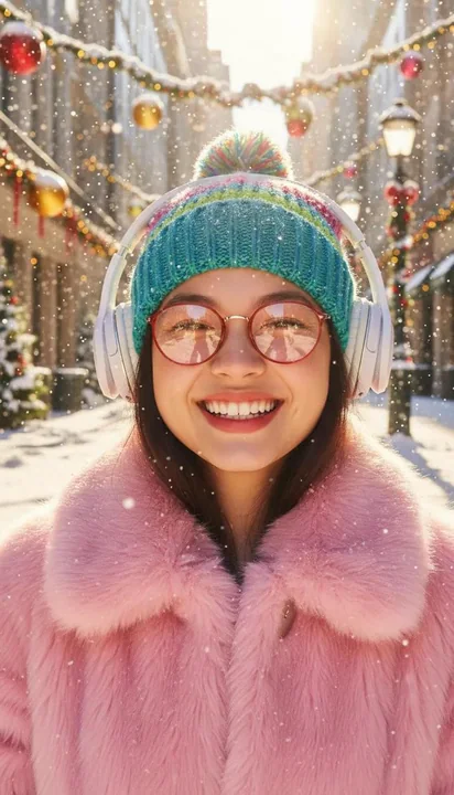 Une jeune fille souriante vêtue d’un manteau de fourrure rose dans une neige tourbillonnante