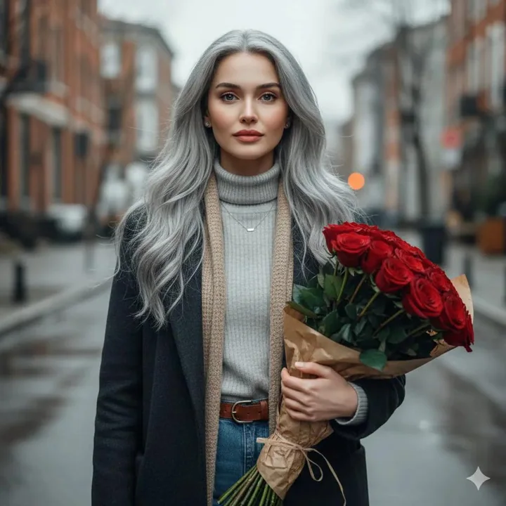 A cinematic portrait of a silver-haired woman holding a rose on a European street