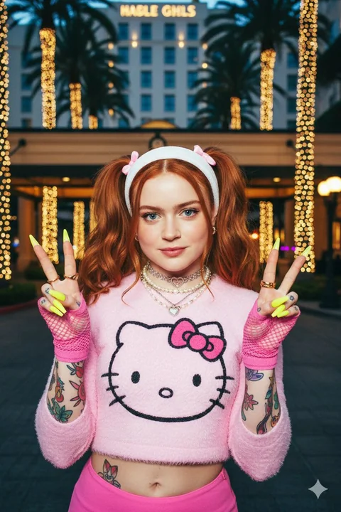 Y2Kミレニアムギャル風、ジンジャーレッドのツインテール少女のビバリーヒルズ街頭スナップ
