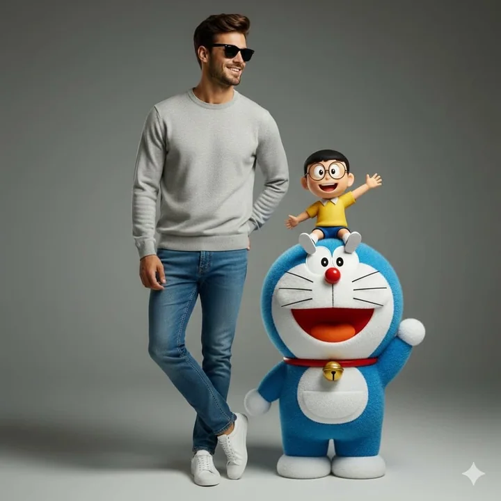 Photo amusante d’un homme branché avec Doraemon et Nobita en 3D