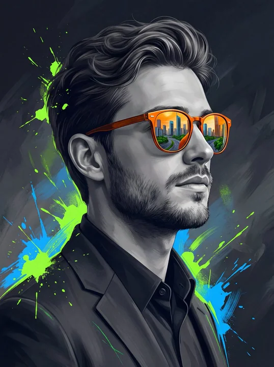 Profil confiant reflété dans des lunettes de soleil orange, miroir d’une vision urbaine.