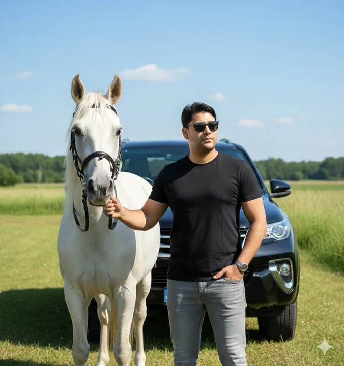 A stylish man stands beside a black SUV, holding a white horse.