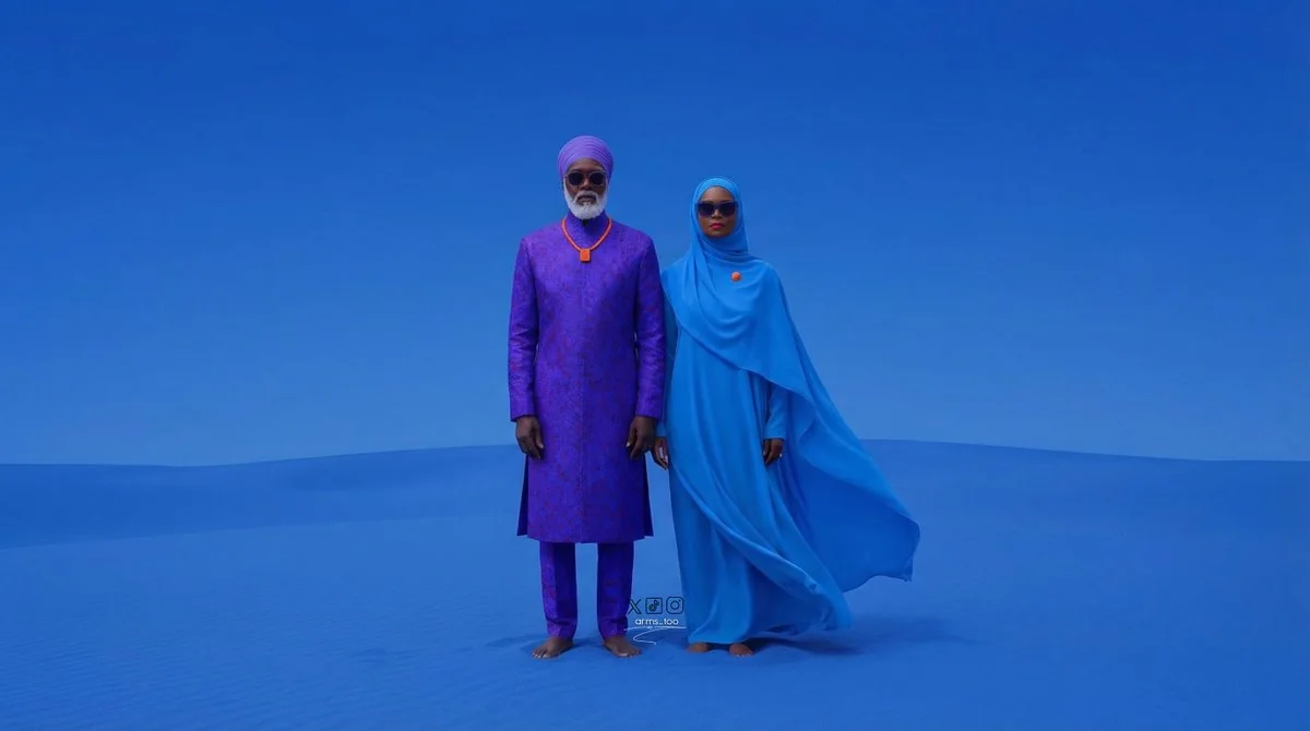 Standing beneath a cobalt-blue sky in the silent desert, an African elder from the future.