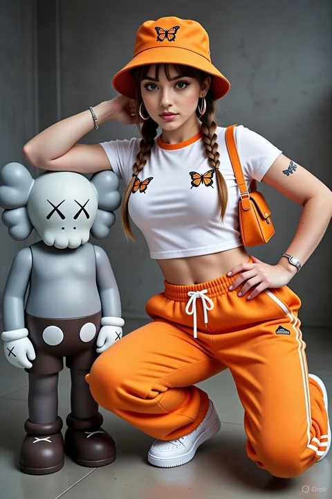 A woman stands beside a KAWS-style art sculpture.